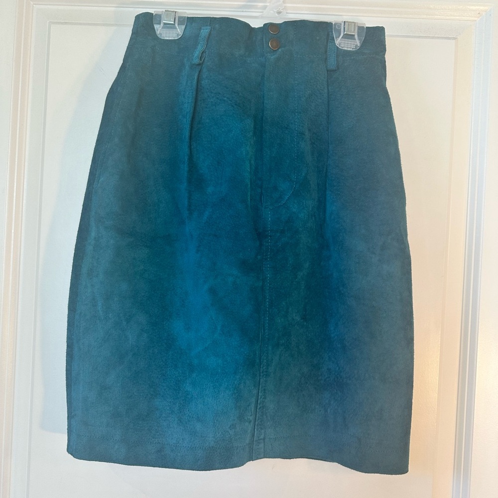 Vintage 90’s West Bay Leather Suede Teal Pleated Skirt, Size XS/S